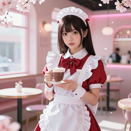 Photorealistic image of an Asian woman in a red and white maid outfit holding a chocolate latte, standing in a bright, cherry-blossom