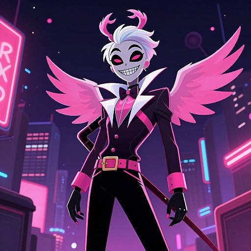 Digital art of a grinning, white-haired demon with pink wings, black suit, pink accents, and red horns, standing in a neon-lit
