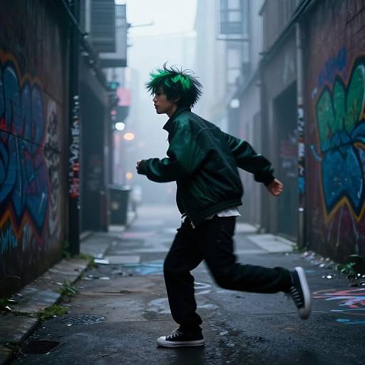Photograph of a green-haired, Asian boy in a black jacket and sneakers, running down a graffiti-covered, misty urban alley.