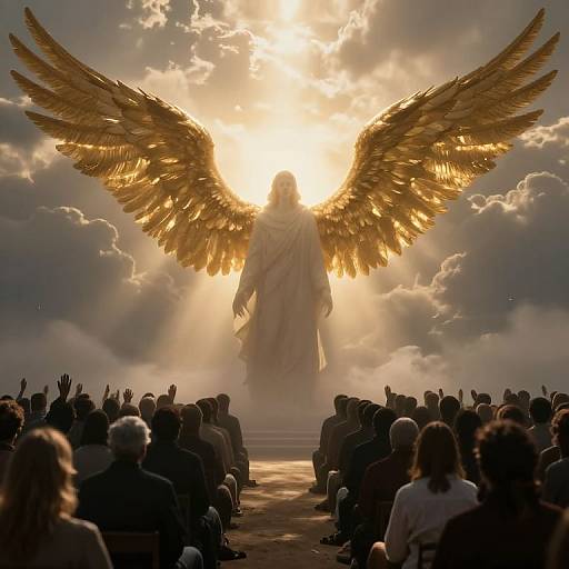 Photograph of a golden-winged angel in radiant sunlight, standing center, silhouetted against clouds, with a seated crowd in the foreground.