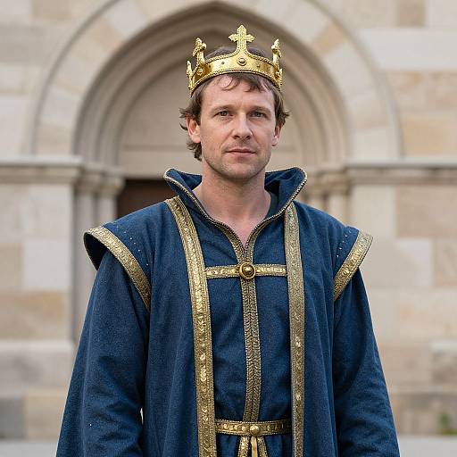 Photograph of a white man with short brown hair, wearing a gold crown and blue, gold-embroidered medieval-style robe, standing in front