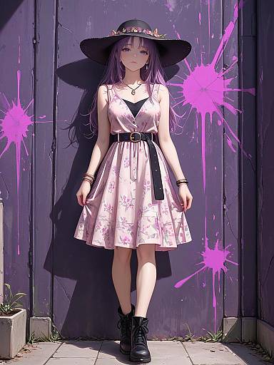 Digital anime-style illustration of a purple-haired girl in a white floral dress, black boots, and wide-brimmed hat, standing against a purple wooden