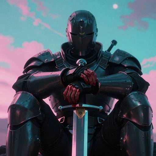 Digital art of a masked, dark-armored warrior with red gloves, gripping a sword hilt, against a vibrant pink and blue sky.