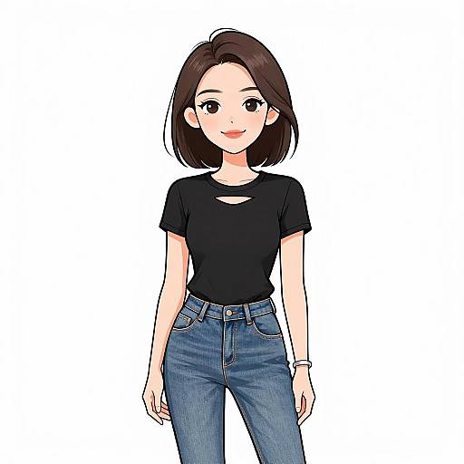 Anime-style digital drawing of a cute young woman with short brown hair, wearing a black t-shirt and blue jeans, smiling against a white background.