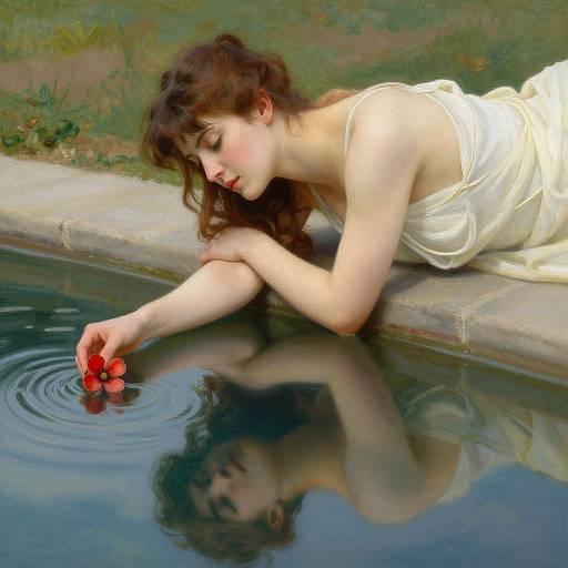Photorealistic painting of a fair-skinned woman with brown hair, wearing a white dress, lying by a calm water pool, gently dropping red cher