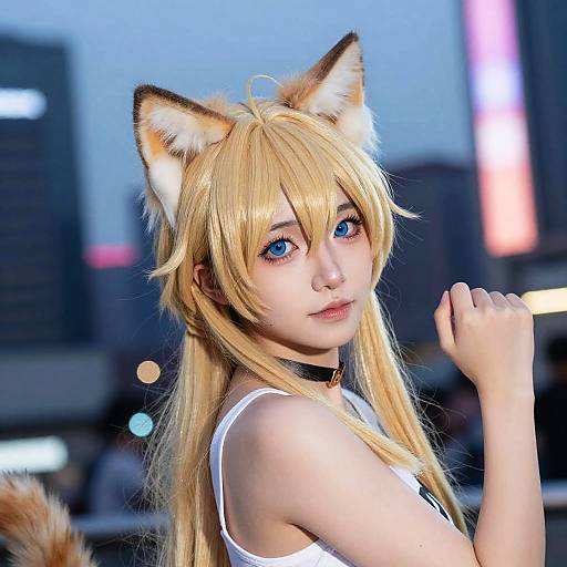 Blonde Cat Ears Cosplay in Neon City