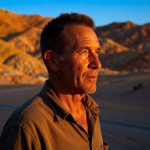 Photograph of a middle-aged man with short, dark hair and a rugged face, illuminated by golden desert sunset light, wearing a brown shirt, looking