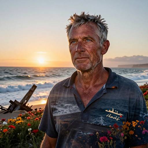 Photograph of a rugged, middle-aged man with salt-and-pepper hair, wearing a wet, dark polo shirt, standing by a sunset beach with