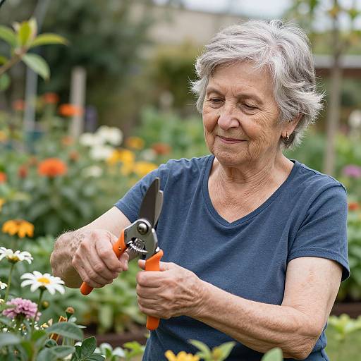 Photograph of an elderly woman with short gray hair, wearing a blue shirt, using orange-handled pruning shears in a vibrant garden.