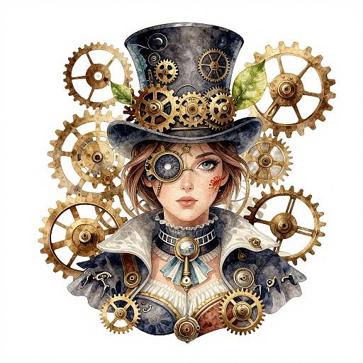 Steampunk-style digital portrait of a woman with brown hair, wearing a black top hat, eyepatch, and intricate gears, surrounded by golden