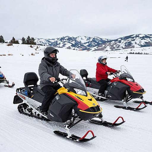 Photograph of two people riding snowmobiles on a snowy mountain landscape; one in black gear, the other in red, with snow-capped peaks