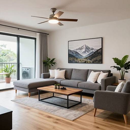 Modern living room photograph: gray sectional with white pillows, wooden coffee table, potted plants, mountain painting, ceiling fan, large window.