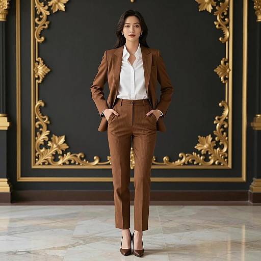 Elegant Asian Woman in Brown Pinstripe Suit