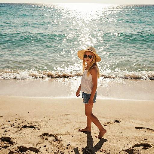 Photograph of a blonde woman in a white tank top, denim shorts, straw hat, and sunglasses walking on a sunlit beach with sparkling ocean waves
