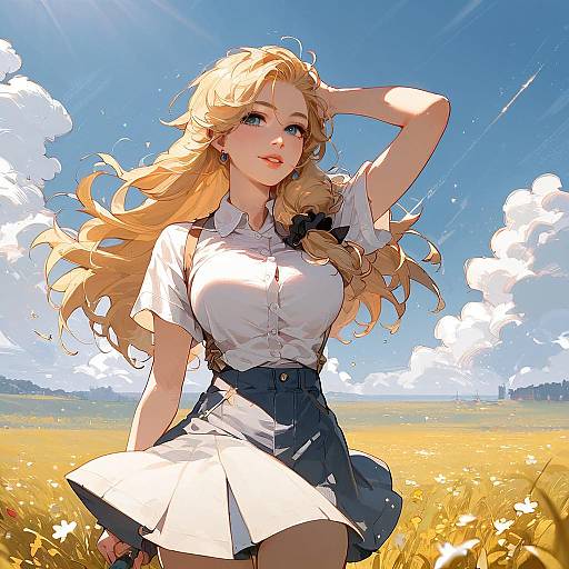 Sunlit Blonde in Field Cowboy Shot