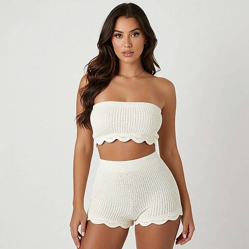 Photograph of a dark-haired woman with long waves, wearing a white, crocheted strapless top and high-waisted shorts, standing against
