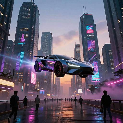 Neon-lit futuristic cityscape at dusk with a flying, glowing, high-tech car hovering above a busy street, surrounded by towering skyscrapers