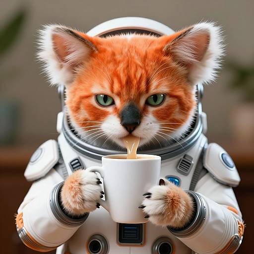 Digital artwork of a cute orange tabby kitten wearing a white astronaut helmet and suit, drinking from a white cup.