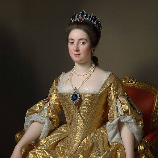 Photograph of a regal 18th-century woman in an ornate gold gown with white lace trim, pearl necklace, black tiara, seated