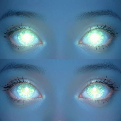 Close-up photograph of a person's glowing, neon blue eyes with long black eyelashes, set against a blue-toned background. The eyes are bright