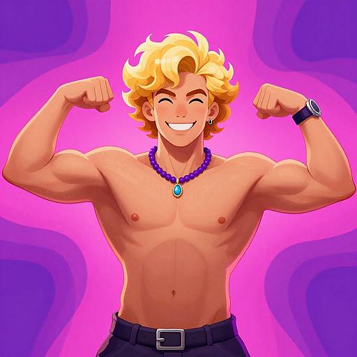 Muscular, smiling blonde man with curly hair, flexing biceps, topless, wearing black pants, blue beaded necklace, and watch,