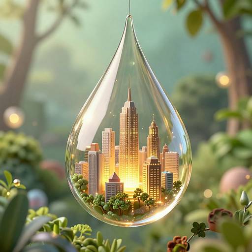 Photograph-like CGI of a glass teardrop pendant containing a glowing, detailed miniature cityscape, surrounded by lush, green foliage.