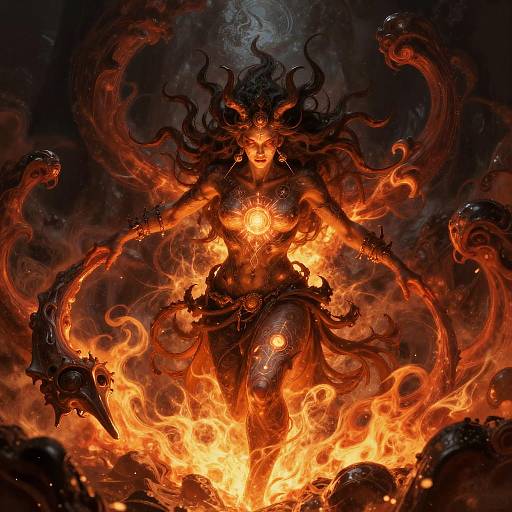 Digital art of a fiery, demonic figure with glowing eyes, dark twisted horns, and swirling flames, standing amidst blazing inferno.