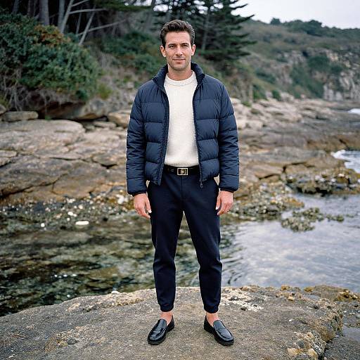Photograph of a handsome man with short brown hair, wearing a black puffer jacket, white shirt, black pants, and black loafers, standing