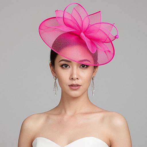 Photograph of an Asian woman with fair skin, wearing a bright pink, flower-shaped, mesh fascinator, white strapless dress, and dangling silver