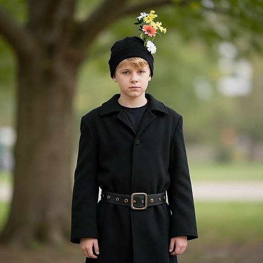 Photograph of a young boy with fair skin, blond hair, wearing a black coat, black beanie, and floral headpiece, standing in a