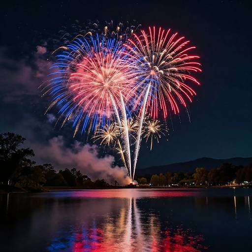 Photograph of vibrant red, blue, and white fireworks exploding over a calm lake at night, reflecting on the water's surface.