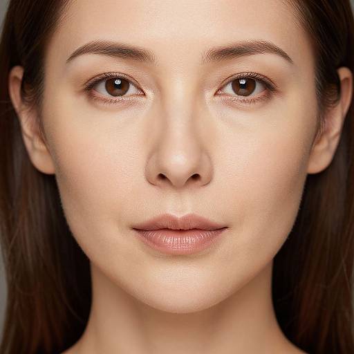 Photorealistic close-up of a young woman with fair skin, brown eyes, and straight dark brown hair, neutral expression, soft lighting.