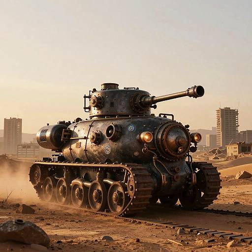 Steampunk Steam Tank in Desert with Post-Apocalyptic City