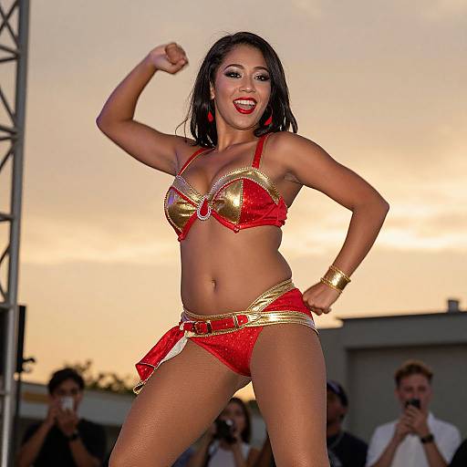 Confident Woman Dancing in Red Costume