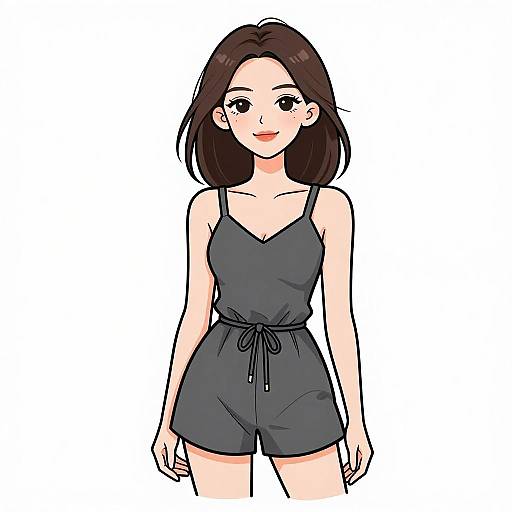 Digital anime-style illustration of a smiling young woman with fair skin, brown shoulder-length hair, wearing a black, spaghetti-strap romper with a tied