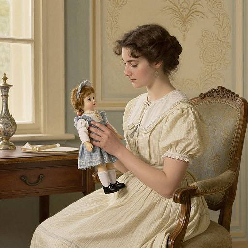 Victorian woman in cream dress gently holding antique porcelain doll with blue dress and white stockings, seated in ornate chair by window.