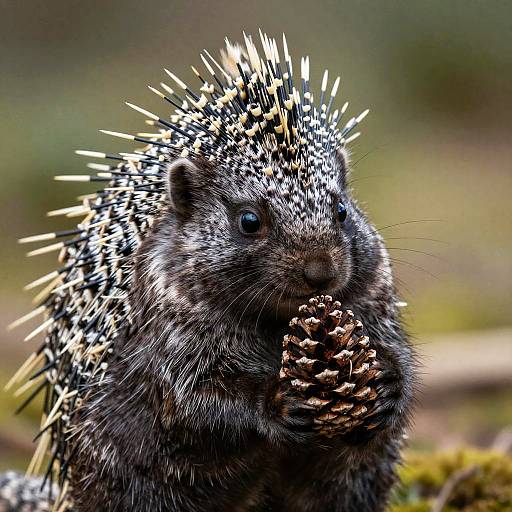 Expressive Porcupine Holding Pine Cone