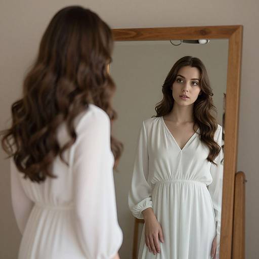Photograph of a woman with long, wavy brown hair, wearing a white V-neck dress, standing in front of a wooden-framed mirror,