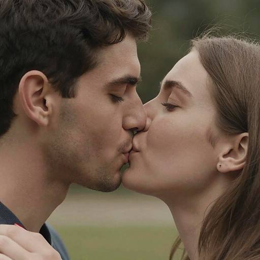 Photograph of a young couple kissing outdoors, with blurred greenery in the background. The man has short, dark brown hair, and the woman has