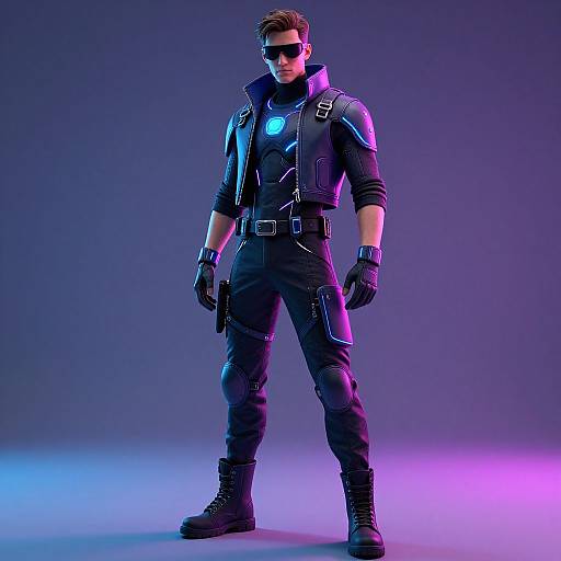 Photorealistic CGI of a muscular man in black tactical gear with glowing blue accents, sunglasses, gloves, and boots, standing confidently under purple and blue