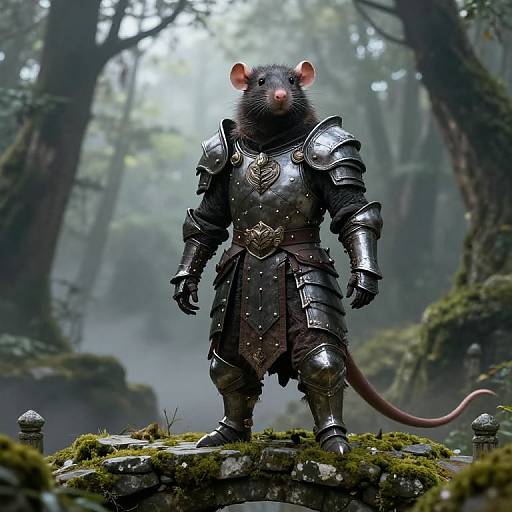 Digital art of a medieval armored rat standing on mossy stone in a misty forest, with tall trees and fog in the background.