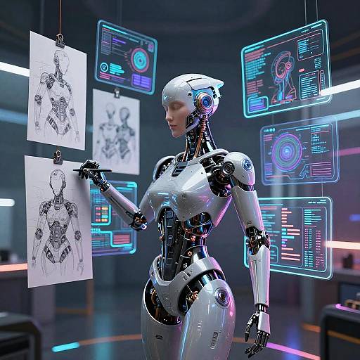Photorealistic CGI of a female humanoid robot with sleek white and black metallic body, holding sketches, surrounded by glowing neon digital screens in a futuristic lab