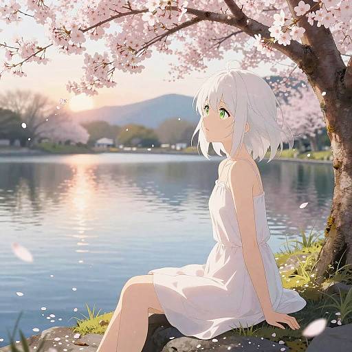 Anime-style drawing of a white-haired girl with green eyes, in a white sundress, sitting by a cherry blossom tree by a serene lake at sunset