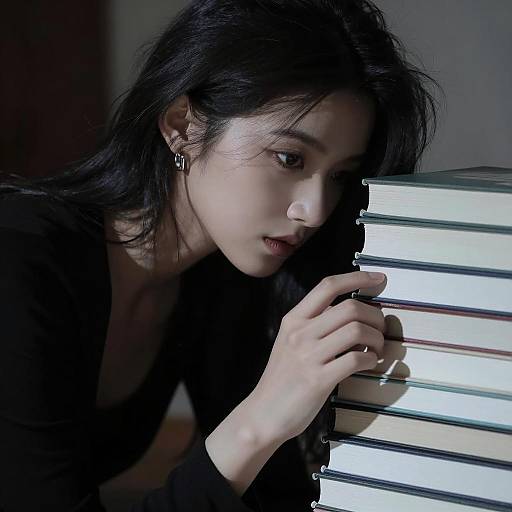 Focused Woman with Books in Dim Light