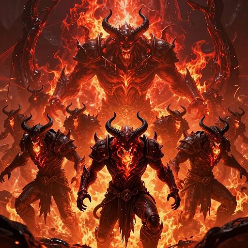 Digital artwork: Four horned, demonic warriors with glowing red eyes and black armor, emerging from intense orange and red flames. Dark, menacing, and