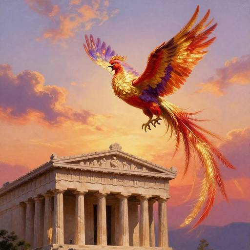 Digital art: Vibrant phoenix with fiery red, orange, and purple feathers soars above a classical Greek-style temple against a sunset sky.