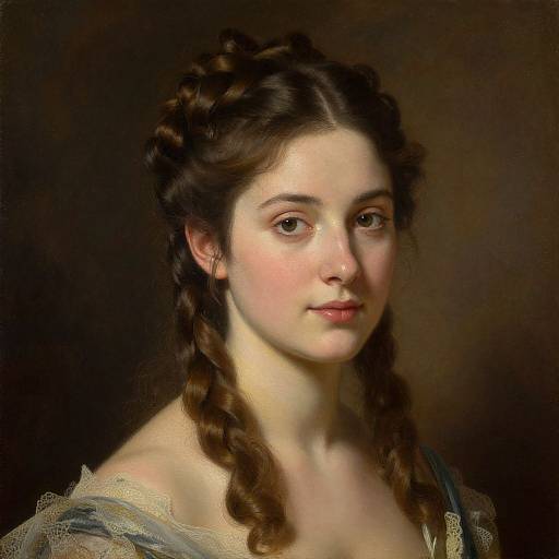 Digital painting of a young woman with fair skin, brown wavy hair in braids, wearing a lace-trimmed dress, against a dark background