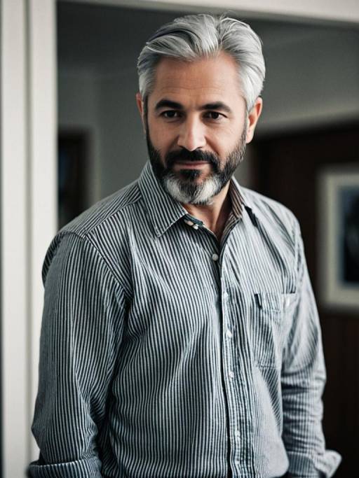 Mature man in striped shirt indoors