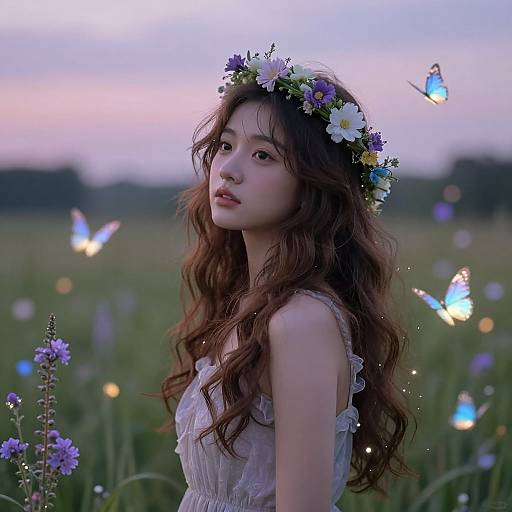 Photograph of a young Asian woman with long, wavy brown hair, wearing a white lace dress and flower crown, surrounded by glowing blue butterflies in