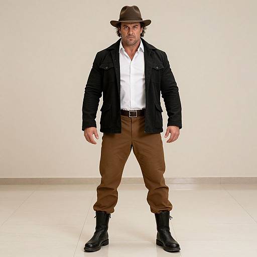 Photograph of a muscular man with curly hair, brown hat, black jacket, white shirt, brown pants, black boots, standing confidently against a plain